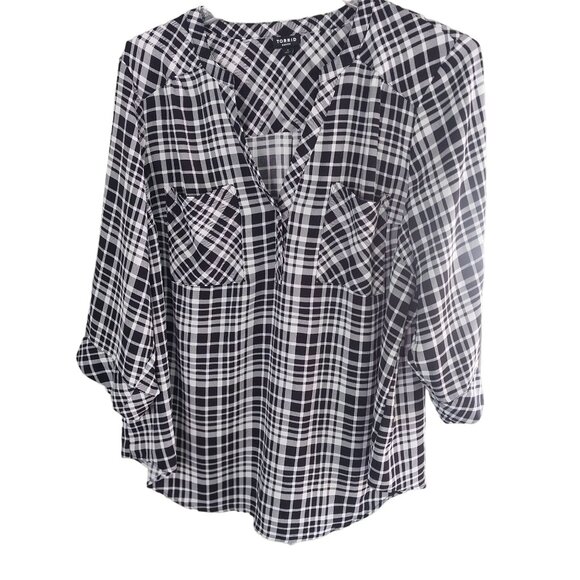 3 X Torrid Harper Plaid Flannel Shirt Size 3 Black& White 3/4 Sleeve Button-Down - Picture 1 of 7